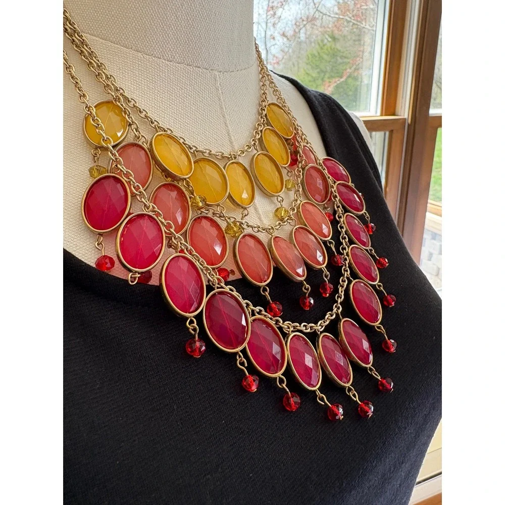 Gold Tone Multi Strand Bib Statement Necklace Red Orange Yellow Ombre Oval Stone